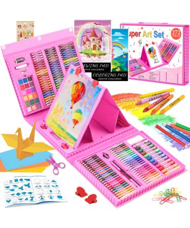 Art Supplies 272 Pack Art Set Drawing Kit for Girls Boys Teens Artist Deluxe Gift Art Box with Trifold Easel Origami Paper Coloring Book Drawing Pad Pastels Crayons Pencils Watercolors(Pink) Pink-272 Piece