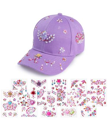 AOMIG DIY Baseball cap adjustable baseball cap craft set children girls with 10 PCs glitter stones self-adhesive baseball cap sun hat gifts for girls 4 5 6 7 8 9 11 years (purple) 55-62 purple+10 diamond