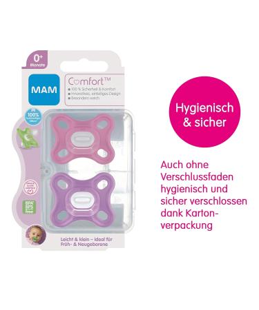 MAM Comfort Schnuller 2 Set | Lightweight Silicone Pacifiers for Newborns | 0+ Months | Pink/Purple | Soft MAM Skinsoft & Pacifier Box - Buy Online on SooperMarket.com