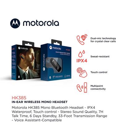 Motorola HK385 Bluetooth Earpiece - Wireless Mono Headset with CVC Noise Suppression - IPX4 Sweat Resistant - Smart Touch/Voice Control - Buy Online on SooperMarket.com