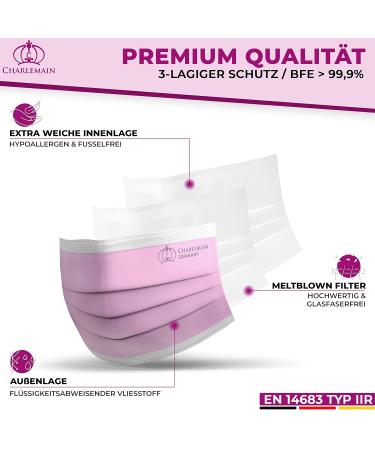 Charlemain 50x Pink Medical Face Masks - EN 14683 Type IIR BFE 99.9% 3-Layer Latex-Free Mouth-Nose Protection | International Shipping - Buy Online on SooperMarket.com