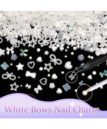 BELICEY White Bow Nail Art Charms - 1000PCS Resin Kawaii Nail Jewels in Multi Shapes for DIY Nail Designs - Includes Tweezer & Pickup Pencil - Buy Online on SooperMarket.com