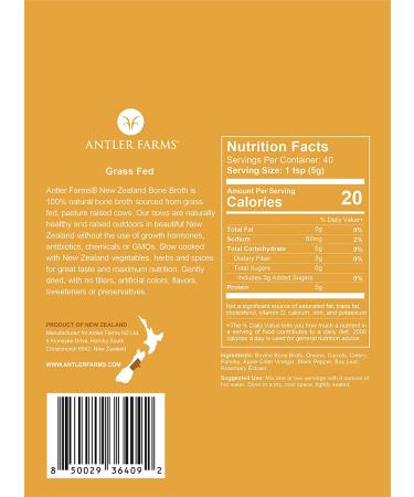 Antler Farms 100% Grass Fed New Zealand Bone Broth Powder 200g - 40 Servings | Slow Cooked, Gently Dried, Light Flavor | No Hormones, Antibiotics, GMOs - Buy Online on SooperMarket.com