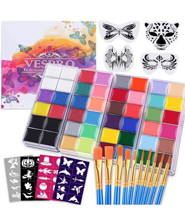 VESPRO Professional Face Body Paint Kit,42 Colors Oil Face&Body Paint Kit (26 Classic Colors+10 Metal Colors +6 UV Glow Colors) with 10 Size Brushes 4PCS Reusable Large Face Stencils and 4PCS Small Paint Stencils for Kids and Adults Halloween Makeup