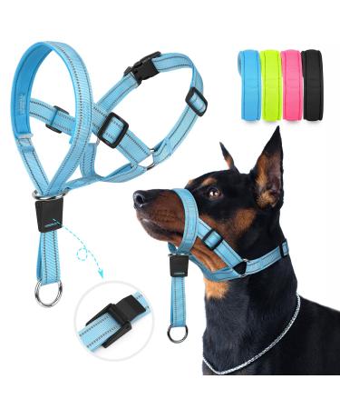 Weesiber soft dog collar adjustable dog head dishes padded no pulling halter with reflective safety strips for training and walking (blue L) Large blue
