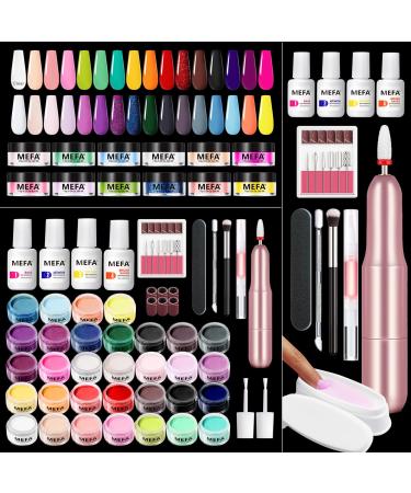 MEFA Dip Powder Nail Kit with Portable Electric Nail Drill Summer Glitter Shimmery Hot Pink Pastel Violet Neon Orange 32 Colors Dipping Powder Liquid Set Bright Shades French Nail Art Manicure Salon