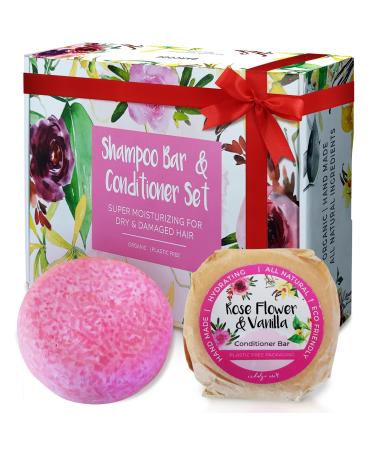 Solid Shampoo and Conditioner Bar - Eco Friendly Hair Care Dry and Damaged Hair Treatment Rose and Vanilla Scented Jojoba Oil Argan Oil For Hair Zero Waste 3 In 1 Shampoo Hydrating Set 2 Bars
