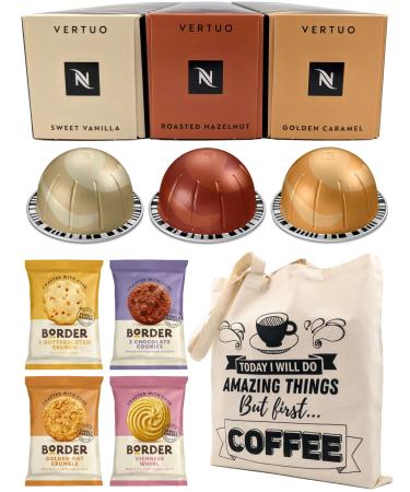 Nespresso Vertuo Coffee Pods Capsules Barista Creations Selection - Sweet Vanilla Roasted Hazelnut Golden Caramel - 30 Pods Bundled with Border Biscuits and Giftable Tote Bag