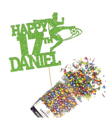 Cakeshop Cake Decoration Pack | Football Birthday Theme Premium Double Sided Glitter Card Cake Topper & 25g Party Pack of Cake Sugar Sprinkles | Custom Name & Age Cake Decoration (Green) Non-Prime Glitter Card: Green