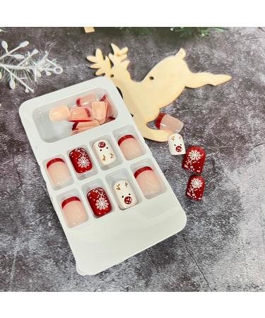 Christmas Short Square French Tip Press On Nails - Red Elk Snowflake Design - Winter Xmas Nail Art for Women - Style 2 - Buy Online on SooperMarket.com