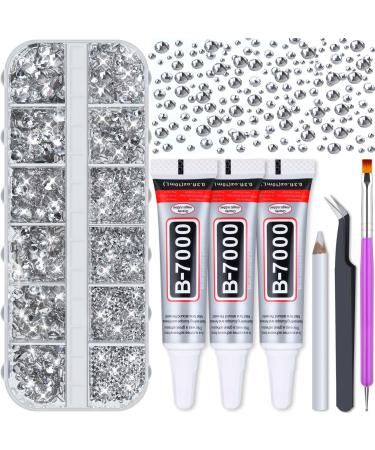 Audab B7000 Jewelry Adhesive Glue with Rhinestones for Crafts  2100Pcs Flat Back Gems Crystal Rhinestones with Tweezer Dotting Tools Clear Glue for DIY Clothes Fabric Shoes Jewelry Making Nail Art A.Clear