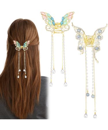 2 Pcs Gold Butterfly Tassel Hair Claw Clips Rhinestone Pearl Hair Claw Clamps Crystal Metal Hair Clips Sparkling Exquisite Hair Clips Hair Styling Accessories for Women Girls