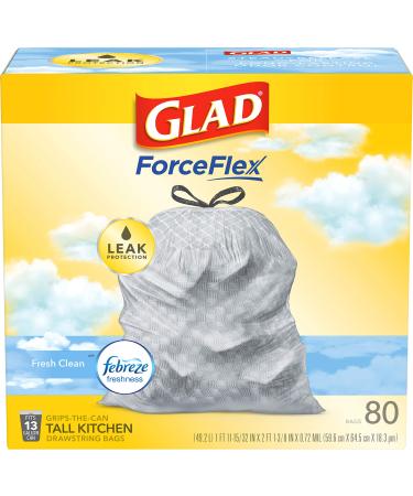 Glad ForceFlex Tall Kitchen Drawstring Trash Bags  13 Gallon Trash Bag, Fresh Clean scent with Febreze Freshness  80 Count (Package May Vary) Febreze Fresh Clean