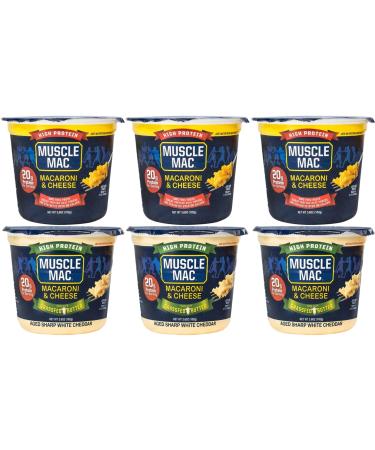Muscle Mac High Protein Mac & Cheese Cups | 20g Protein Macaroni Made with Real Cheese | Microwaveable Cups GMO Free Dye & Colour Free | 3.6oz Cups Pack of 6 Cups (3 Cheddar & 3 Aged Sharp White Cheddar) Variety Pack of 6 Cups