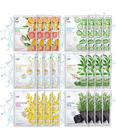 Epielle Assorted Premium Facial Sheet Masks Assorted Korean Beauty Skincare Mask | Spa Day, Spa Night, Beauty Gift, Stocking Stuffers, Holiday Gifts (Assorted 24pack)