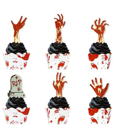 72PCS Halloween Cupcake Toppers Supplies 36 PCS Zombie Hand Tombstone Cupcake Toppers And 36 PCS Horror Red Handprint Cupcake Wrapper For Halloween Party Zombie Theme Party