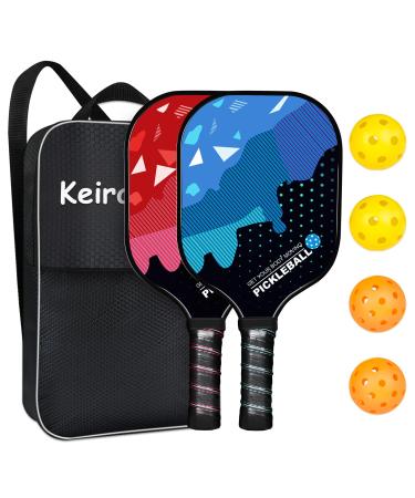 Pickleball Paddles, USAPA Approved Pickleball Set Graphite, Pickle Ball Paddle Set of 2, KeiraSupe Pickleball Paddle with 4 Pickleball Balls, 1 Portable Bag, Pickleball Racket Gifts for Men Women 1 Red 1 Blue