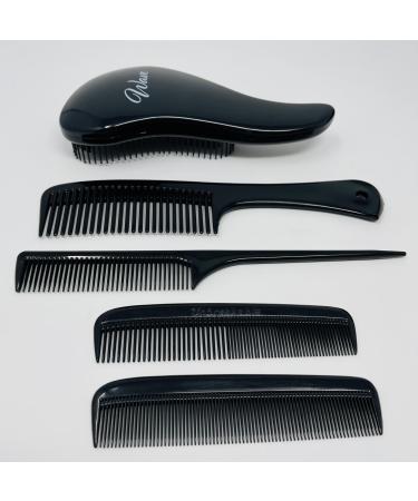 G.B.S Comb & Brush Set - 5 pc Detangler Brush Easy Glide Knots Curly Hair Brush Unisex Long/Short Hair Black Bristles Pocket Comb Pin Tail + Detangler Comb