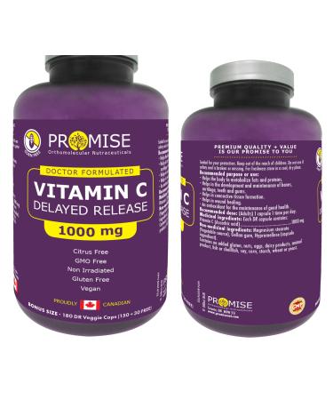 Promise Vitamin C - High Potency 1000mg 180 Capsules- High Immunity Support Healthy Bones Collagen Formation Body Tissue Repair Delayed Release for No Upset Stomach Made in Canada