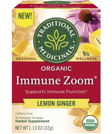 Traditional Medicinals Organic Immune Zoom Lemon Ginger Caffeine Free 16  Wrapped Tea Bags 1.13 oz (32 g)