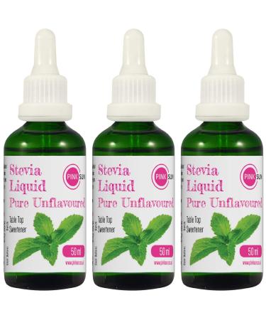 PINK SUN Stevia Liquid Pure Sweetener Drops 50ml Unflavoured x 3 Glass Dropper Bottles Neutral Natural Sugar Alternative Replacement Vegetarian Vegan Gluten Free Low Carb Non GM Zero Calories Bulk Pure Unflavoured x 3