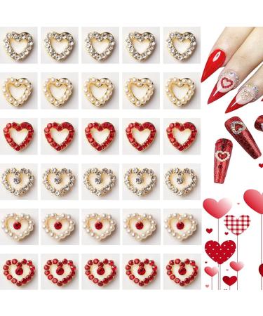 RUNRAYAY 30Pcs Colorful Love Nail Rhinestones Charms 3D Shiny Heart Shape Nail Art Alloy Diamond Crystal Nail Ornament Gems for Girls Valentine'S Day DIY Crafts Decoration Supplies (6 Styles)