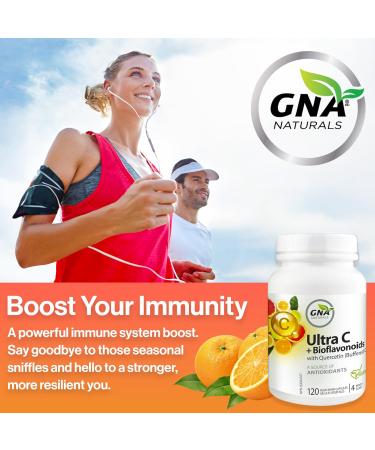GNA Naturals Ultra Vitamin C 600mg + Bioflavonoids with Quercetin Dihydrate - Vitamin C Ascorbate Acid 120 V-Caps 4 Month Supply - Promotes Healthy Bones Gums & Teeth - Vitamin C Complex Supplement - Buy Online on SooperMarket.com