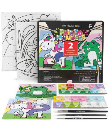 Arteza Kids Paint by Numbers Kit  10 x 10 Inches  Pre-Printed Fairytale Canvas Painting Kit with 2 Canvases  24 Acrylic Paint Pots  3 Paintbrushes  Art Supplies for Developing Hand-Eye Coordination Frog