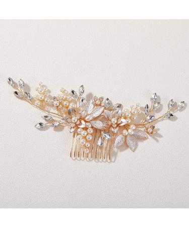 SWEETV Gold Wedding Hair Comb for Bride Handmade Bridal Hair Clip Wedding Hair Accessories for Brides Bridesmaid