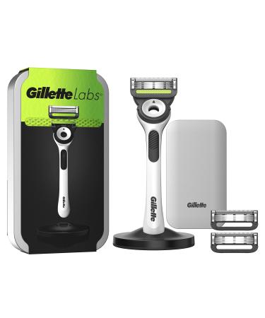 Gillette Labs wet razor men razor with cleaning element + travel case for storage for on the go + 3 razor blades gift men premium magnetic dock white