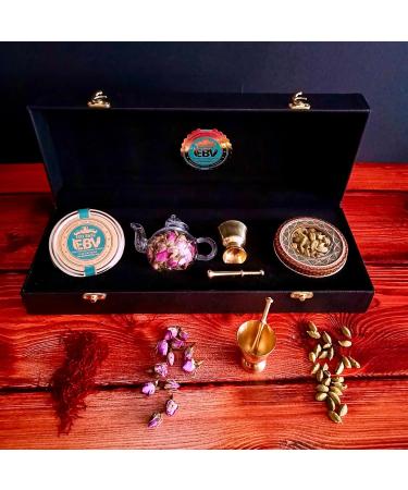 Luxurious Saffron Gift Box for Chefs: 5 Gr Grade A+ Organic Super Negin Coupe Saffron Threads Green Cardamom Rose Bud Tea Dried Saffron Teapot Small Brass Mortar and Pestle (Black Leather Box) - Buy Online on SooperMarket.com