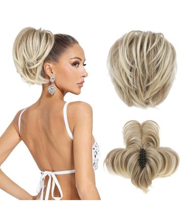 REECHO Hair Bun Claw Clip Messy Bun Hair Piece Short Ponytail Extension with Bendable Metal Wire Fake Bun Hair Pieces for Women (Ash Brown with Blonde Tips)