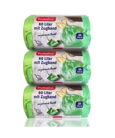 Profissimo Good & Cheap Drawstring Garbage Bags 60 liters (90 pieces) Tear-resistant & Liquid-tight Pack of 3 (3 x 30 pieces)