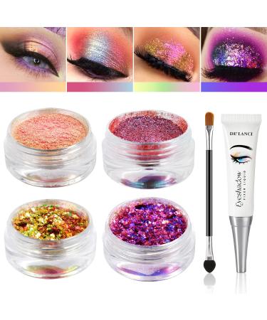 Loose Glitter Eyeshadow Set- 2 Multichrome Eyeshadow Powder Pigment -2 Multichrome Flakes Pigments-1 Chameleon Eyeshadow Brushes-1 Liquid Fixer  Holographic Sparkling Eye Shadows Duochrome Makeup