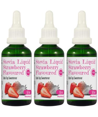 PINK SUN Stevia Liquid Sweetener Drops 50ml Strawberry Flavoured x 3 Glass Dropper Bottles Natural Sugar Alternative Replacement Vegetarian Vegan Gluten Free Low Carb Non GM Zero Calories Bulk Buy Strawberry x 3