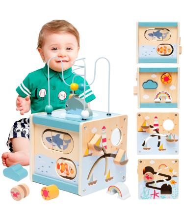 Motor cube activity cubes made of wood 6-in-1 activity center with activity center with pearl labyrinth and sort toys wooden toys form sorting color detection for toddlers from 1 2 3