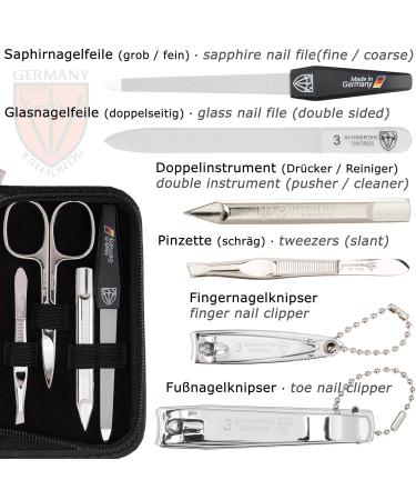 High-Quality 8-Piece Manicure Set 'Roma' - Deep Black Synthetic Leather Etui | Nail Scissors Tweezers Glass Nail Files & More - International Shipping Available - Buy Online on SooperMarket.com