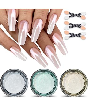 White Pearl Chrome Nail Powder  3 Colors Aurora Ice Transparent Chrome Powder for Nails  Glazed Donut Pearlescent Magic White Nail Powder Mirror Effect Pigment Glitter for Nail Art