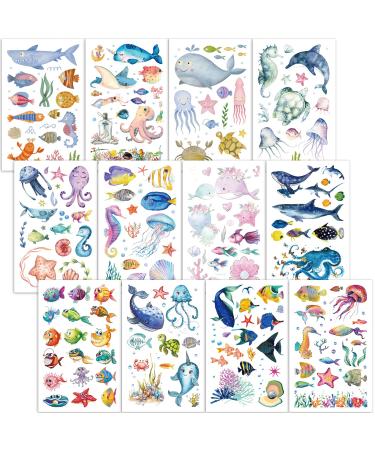 Qpout Ocean Animals Temporary Tattoos for Kids  Sea Life Fake Tattoos for Kids Party Favors  Dolphin Shark Octopus Fish Starfish Tattoo Stickers  Baby Shower Boys Girls Birthday Gifts Bags Filler