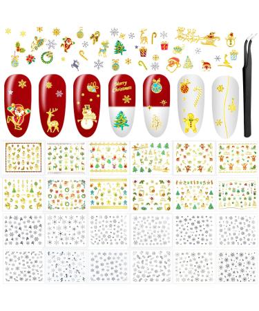 24 Sheets Christmas Nail Art Stickers - Self-Adhesive 3D Snowflake & Santa Gel Decals with Tweezers - Perfect for Christmas Parties - Gold - Buy Online on SooperMarket.com