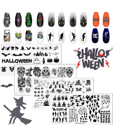 RUNRAYAY 4Pcs Halloween Nail Stamp Plates Nail Art Stamping Templates Plate for Diy Nail Decoration Spider Web/Pumpkin/Withered Tree Design Nail Supplies