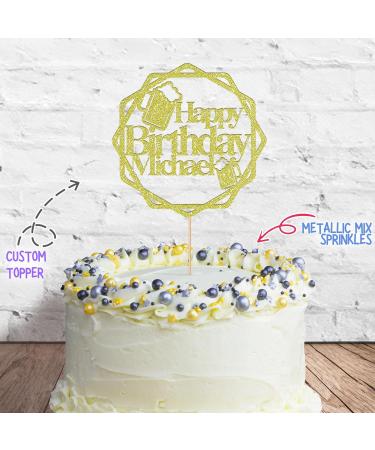 Cakeshop Cake Decoration Pack | Round Beers Happy Birthday Premium Double Sided Glitter Card Cake Topper & 25g Party Pack of Cake Sugar Sprinkles | Custom Name Cake Decorations (Champagne) Non-Prime Glitter Card: Champagne - Buy Online on SooperMarket.com