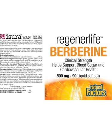 Natural Factors Regenerlife Berberine 500mg 90 liquid softgels Clinical Strength Helps Support Blood Sugar and Cardiovascular Health - Buy Online on SooperMarket.com