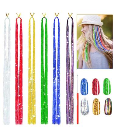 47 Inches Hair Tinsel Kit Strands with Tools 6 Colors 1200 Strands Sparkling Shiny Tinsel Hair Extensions Colorful Hair Tinsel Kit Glitter Hair