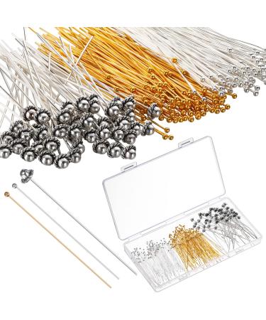 250 Pieces Head Pins for Jewelry Making Include 200 Pieces 2 Inch 22 Gauge Gold Silver Ball Head Stick Pins and 50 Pieces 2.1 Inch 21 Gauge Antique Silver Headpins for DIY Earrings Crafts Needles