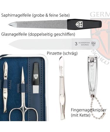 Three Swords Germany 6 pcs Manicure Set 'Genova' | Nail Care Kit with Scissors Clippers & Glass Files in Textile Jeans Blue - International Shipping - Buy Online on SooperMarket.com