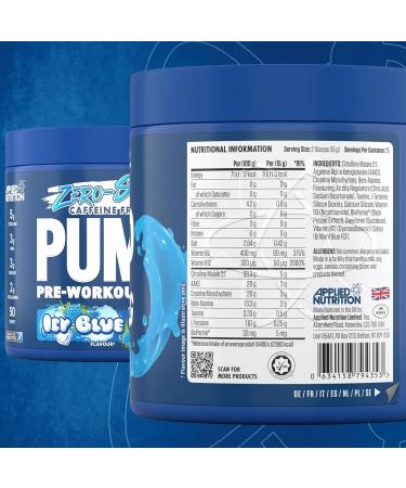 Applied Nutrition Pump Zero Pre Workout - Caffeine Free Energy & Performance (375g - 25 Servings) - Icy Blue Raz Flavor - Buy Online on SooperMarket.com
