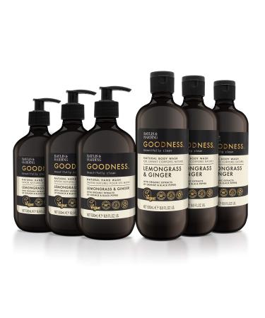 Baylis & Harding Goodness Lemongrass & Ginger Toiletries Bundle: 3 x 500 ml Hand Wash & 3 x 500 ml Body Wash (6 bottles) - Vegan Friendly Lemongrass & Ginger Body Wash Bundle