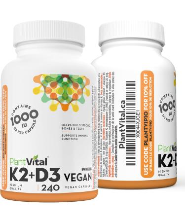 PlantVital High-Potency Vegan Vitamin D3 + K2 - (1000IU / 25 mcg + 120 mcg) for Bones Teeth Good Health and Immune System - Patented MK7 Form - K2 D3 vitamin - 8 Months Supply - 240 Capsules. 240 count (Pack of 1) - Buy Online on SooperMarket.com
