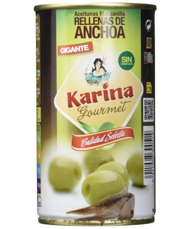 Aceitunas Karina Green Manzanilla olives stuffed with anchoa paste tin pack of 12 (12 x 150 g)